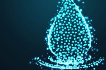 Ein Wassertropfen als Computersimulation symbolisiert das Thema des Artikels, das Investieren in Wasserstoff.