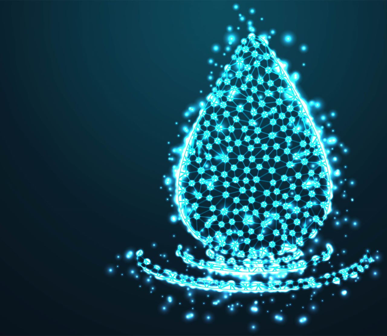 Ein Wassertropfen als Computersimulation symbolisiert das Thema des Artikels, das Investieren in Wasserstoff.