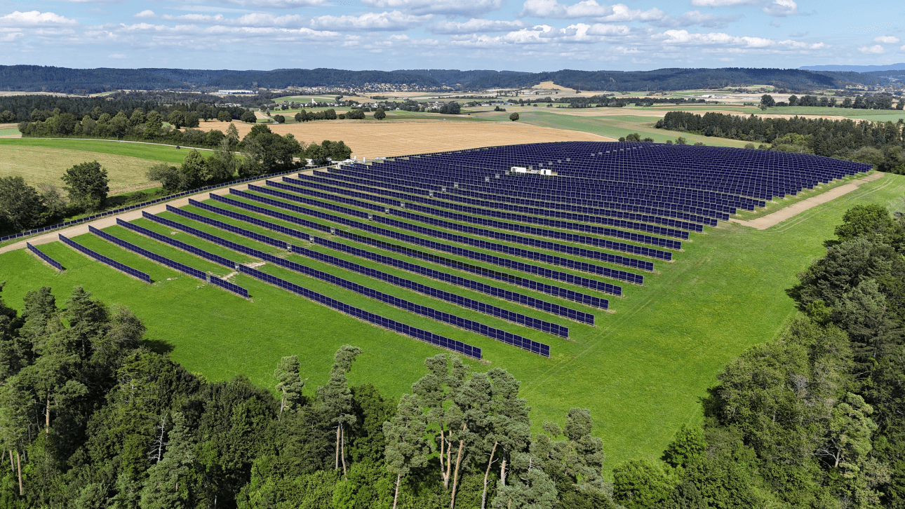 Luftaufnahme einer großflächigen Agri-PV-Anlage mit parallel angeordneten vertikalen Solarmodulen auf einer Grünfläche, eingebettet in hügelige Waldlandschaft.