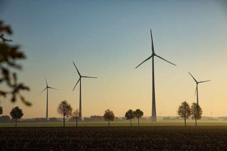 Vier Windkraftanlagen in flacher Landschaft im Sonnenaufgang