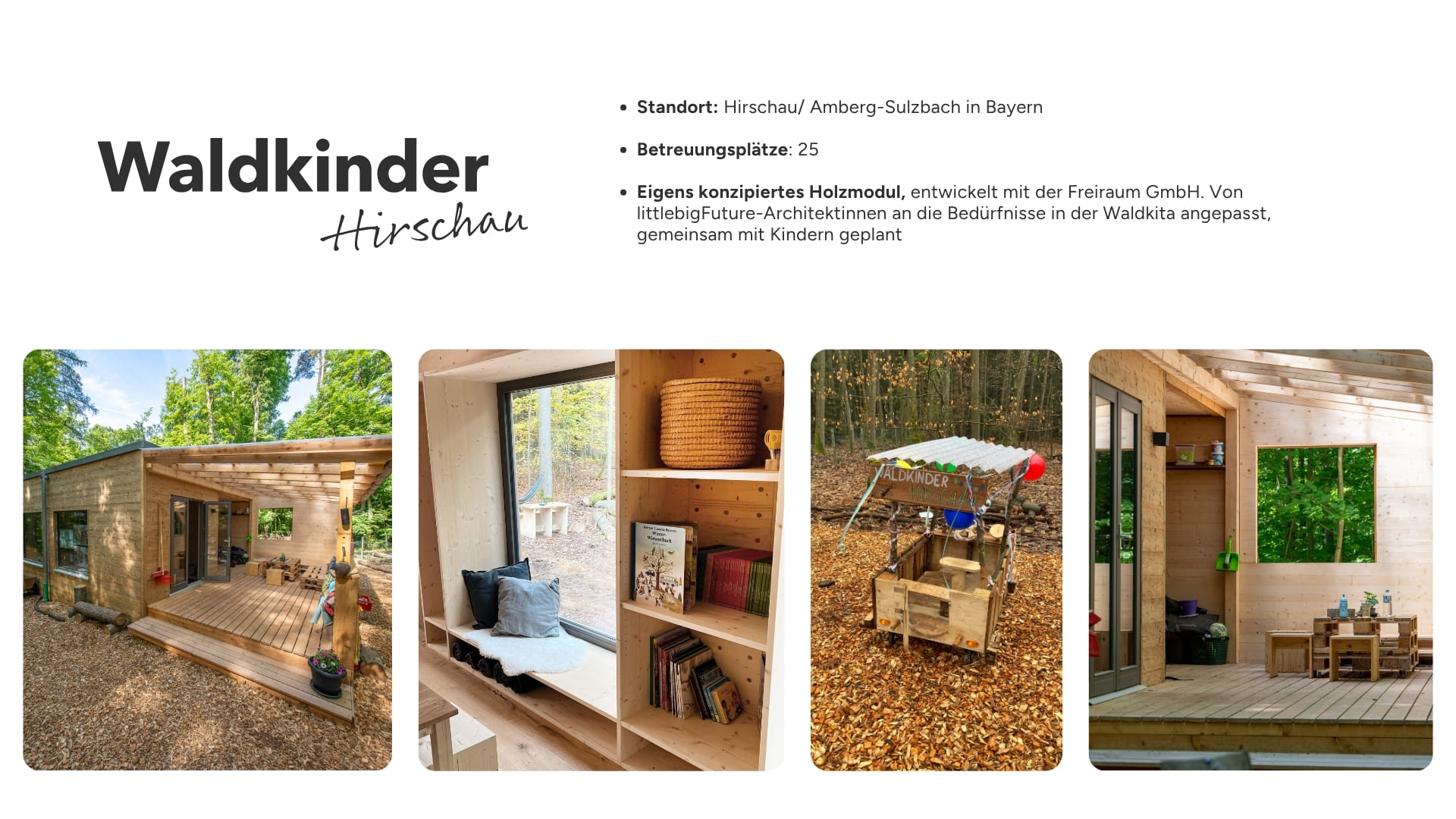 Vier Bilder vom Waldkindergarten Hirschau: Modernes Holzmodul im Wald, Innenecke mit Bücherregal und Sitzpolstern, mobile Spielküche im Herbstlaub, heller Gruppenraum mit Palettenmöbeln. Im Bild eingeblendeter Text: Standort: Hirschau/Amberg-Sulzbach in Bayern, Betreuungsplätze: 25, Eigenes konzipiertes Holzmodul entwickelt mit der Freiraum GmbH, gemeinsam mit Kindern geplant