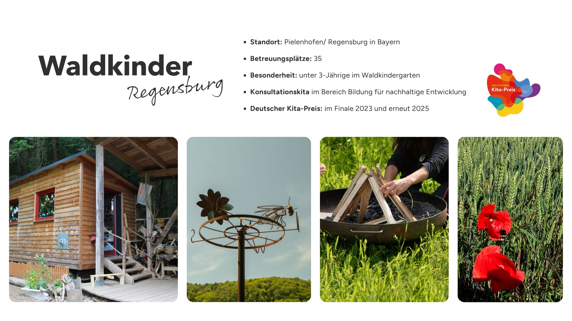 Zu sehen ist der Steckbrief des Waldkindergartens Regenburg der littkebigFuture. Die Eckdaten der Kita sind in Stichpunkten dargestellt und sind folgende: Standort Pielenhofen/ Regensburg in Bayern, Betruungsplätze 35, Besonderheit unter 3-Jährige im Waldkindergarten, Konsultationskita im bereich Bildung für nachhaltige Entwicklung, Deutscher Kita-Preis im Finale 2023 und erneut 2025.