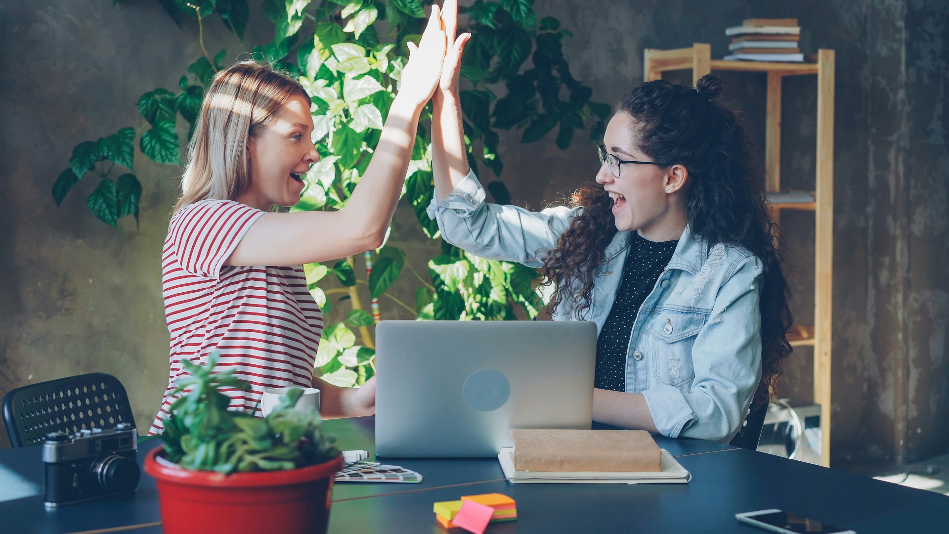 Zwei junge Frauen geben sich gegenseitig im Büro High Five